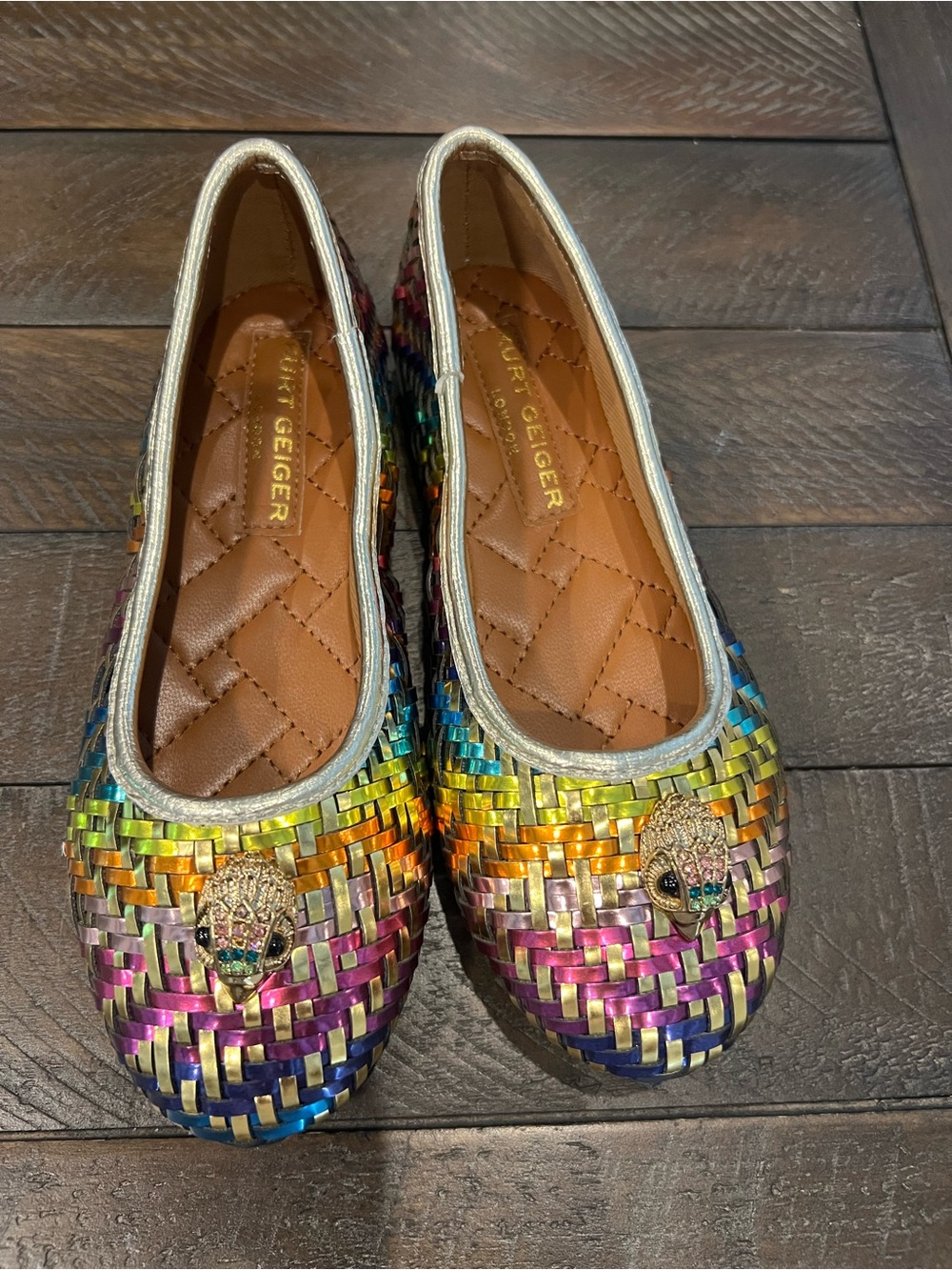 Kurt Geiger Multicolor Woven Leather Ballet Flats with Jeweled Eagle. - Picture 2 of 4